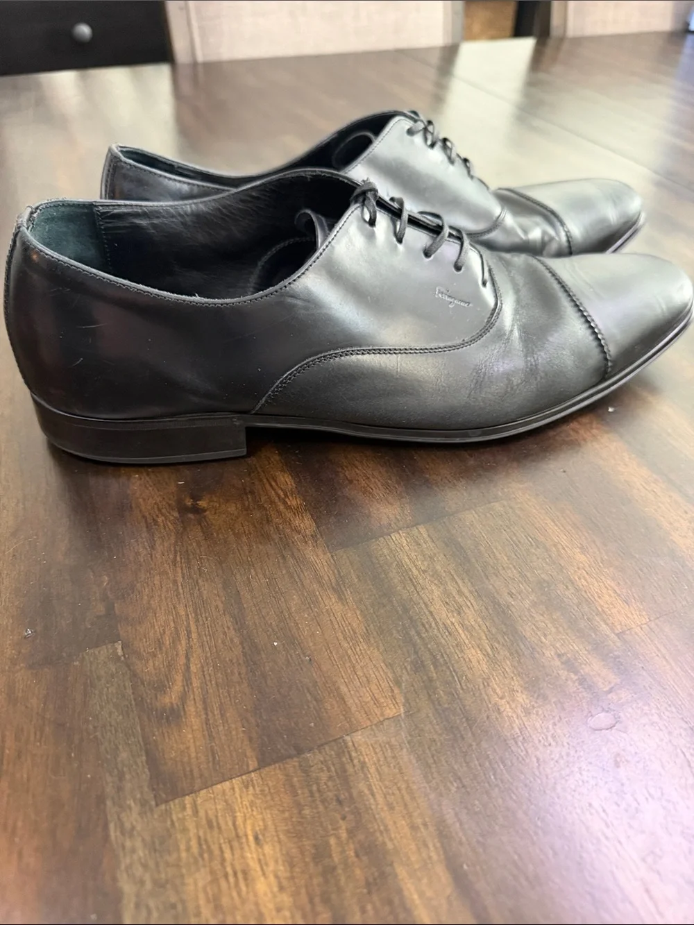 Salvatore Ferragamo Black Leather Cap-Toe Derby Oxfords